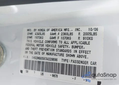 2007 Honda Accord 3.0 Ex from USA, damaged, VIN 1HGCM66597A029896